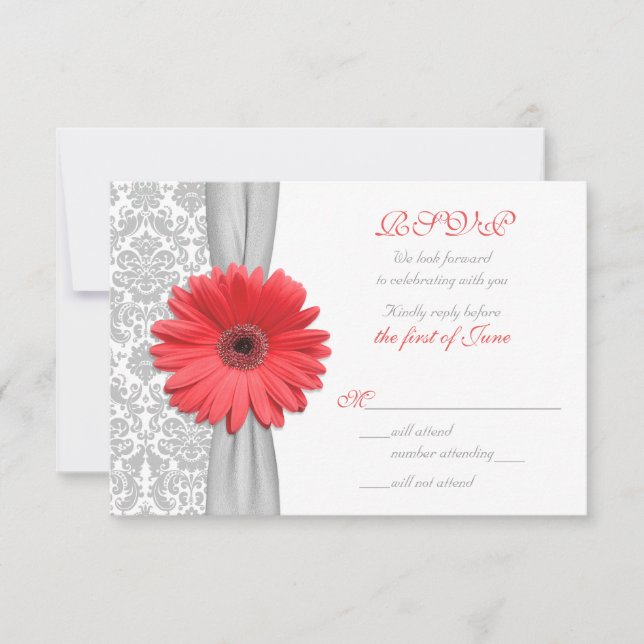 Cartão de RSVP de casamento Coral Gerbera Daisy Gr (Frente)