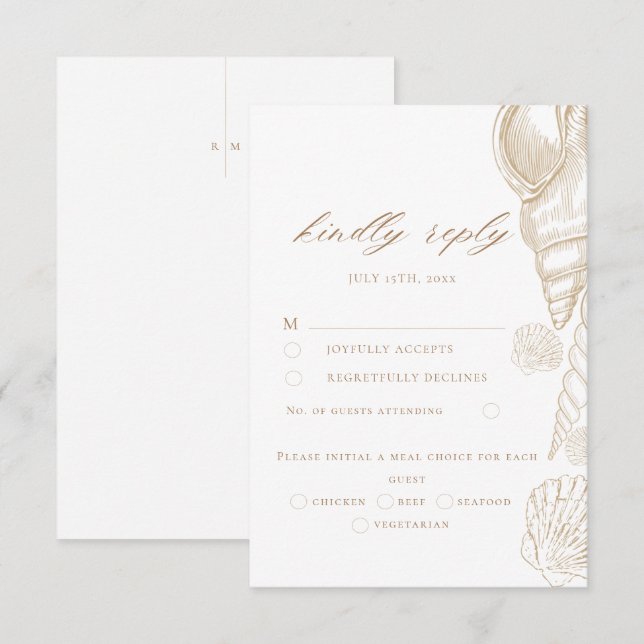 Cartão de RSVP de Casamento de Conchas Douradas e  (Frente/Verso)