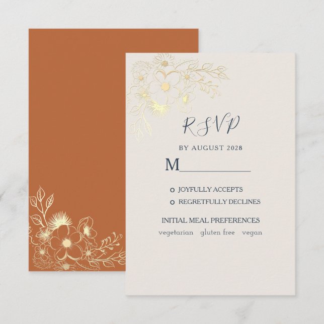 Cartão de RSVP de casamento dourado com flores (Frente/Verso)