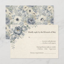 Cartão de RSVP de Casamento Floral Francês Azul Em