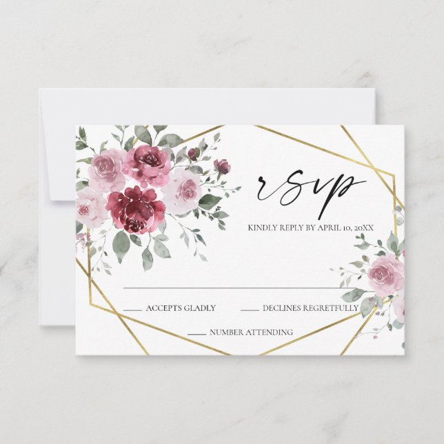 Cartão de RSVP de Casamento Floral Rosa Po dusty D (Frente)