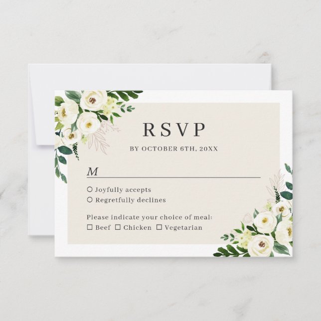 Cartão de RSVP de casamento floral verde com branc (Frente)