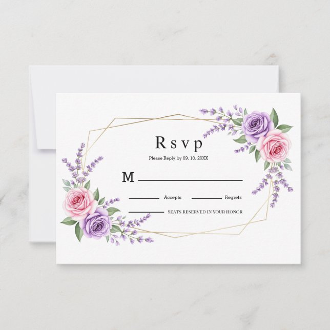 Cartão de RSVP de casamento geométrico rosa lavand (Frente)