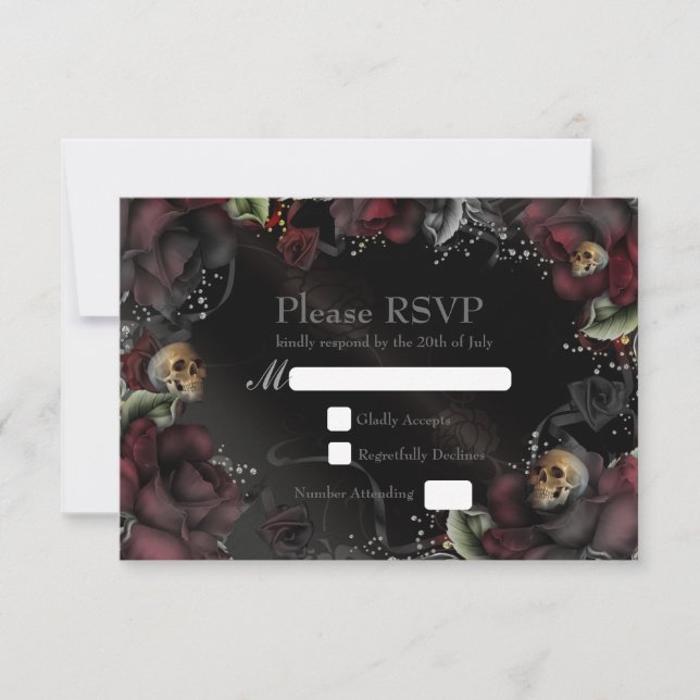 Cartão de RSVP de Casamento Gótico Rosas Pretas &  (Frente)