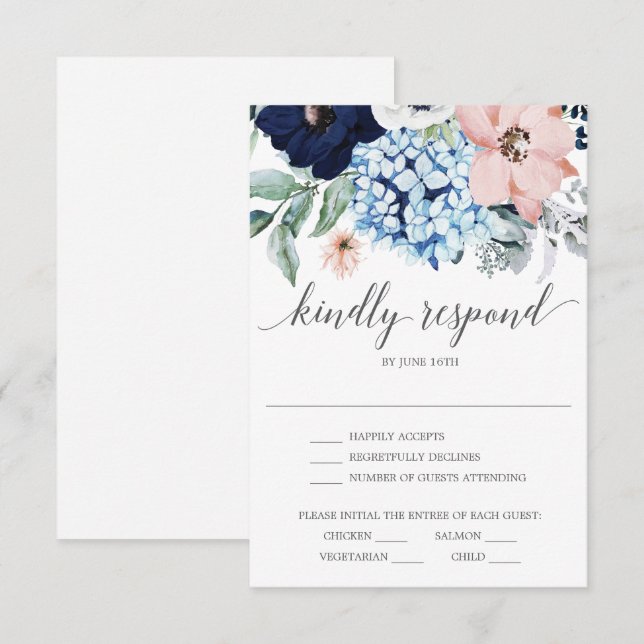 Cartão de RSVP de casamento Navy Blooms (Frente/Verso)