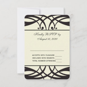 Cartão de RSVP de Casamento Preto Creme Art Déco