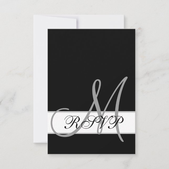 Cartão de RSVP de Casamento Preto e Branco com Mon (Frente)
