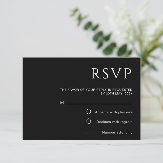 Cartão de RSVP de Casamento Preto Minimalista (Em pé/Frente)