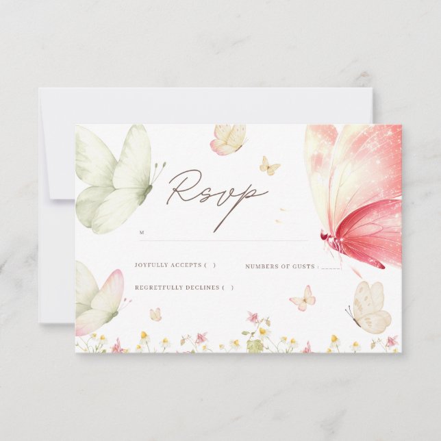 Cartão de RSVP de Chuvada de Bebê Borboleta Rosa M (Frente)