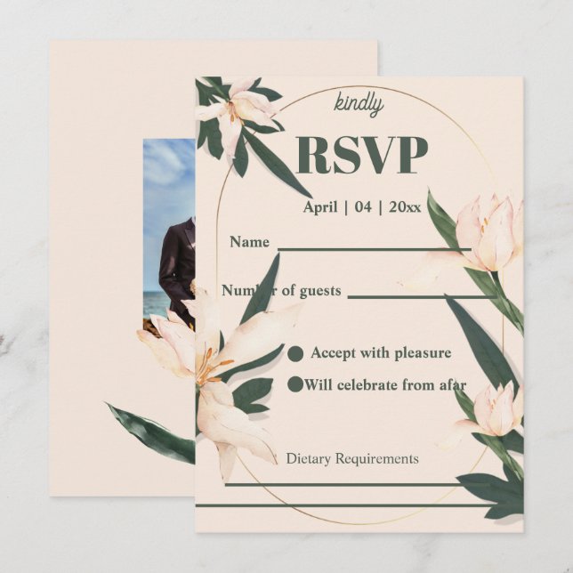 Cartão de RSVP de círculo floral com rubor rosa (Frente/Verso)