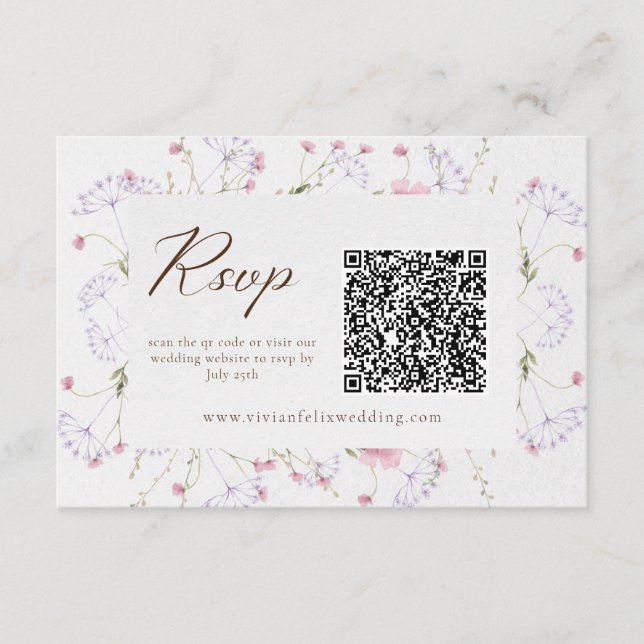 Cartão de RSVP de Código QR de Flor Silvestre Crem (Frente)