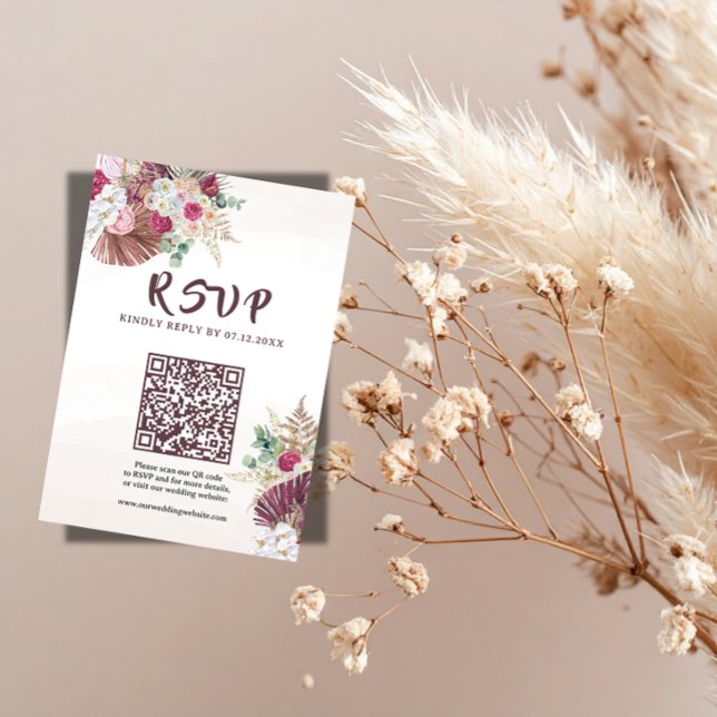 Cartão de RSVP de Código QR Floral de Grama Pampas (Criador carregado)