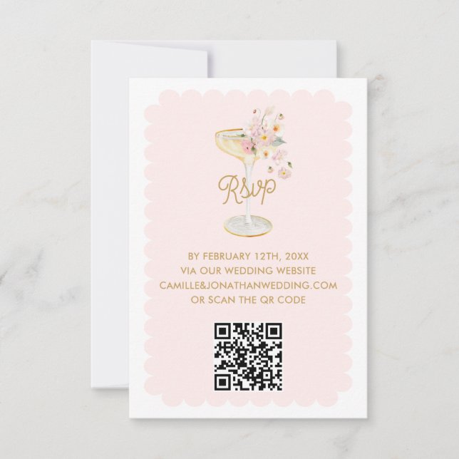 Cartão de RSVP de Código QR Pétalas Elegantes e Pr (Frente)