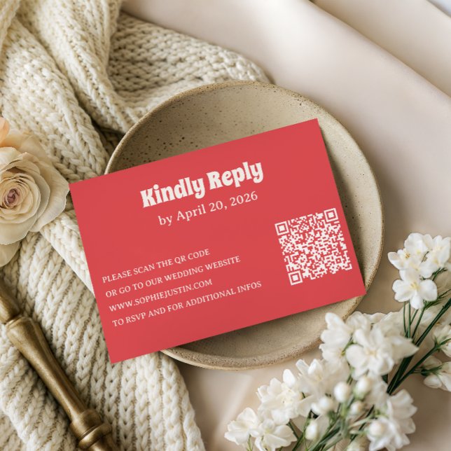 Cartão de RSVP de Coral Moderno com Código QR (Criador carregado)
