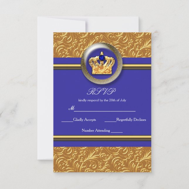 Cartão de RSVP de Coroa Azul Real e Dourada para E (Frente)