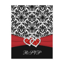 Cartão de RSVP de Damasco Preto Branco Vermelho, C