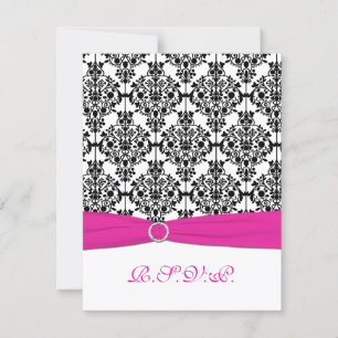 Cartão de RSVP de Damasco Rosa, Branco e Preto