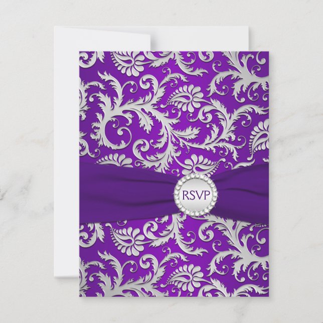 Cartão de RSVP de Damasco Roxo e Prata (Frente)