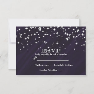 Cartão de RSVP de Elegância e Brilho Estrelas Roxa