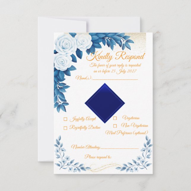 Cartão de RSVP de Floral Azul Elegante (Frente)
