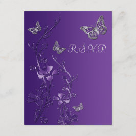 Cartão de RSVP de Floral Roxo, Cinza com Borboleta