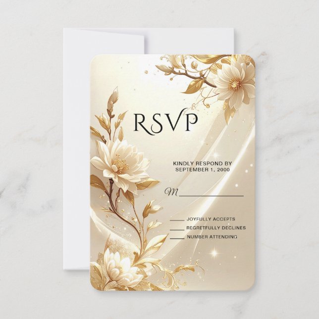 Cartão de RSVP de Flores Brancas e Douradas (Frente)