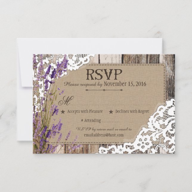 Cartão de RSVP de Flores de Lavanda em Madeira com (Frente)