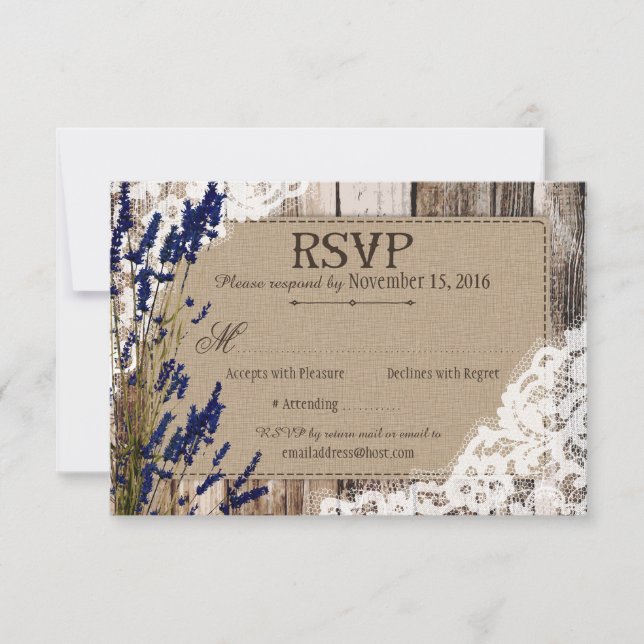 Cartão de RSVP de Flores de Lavanda em Madeira com (Frente)