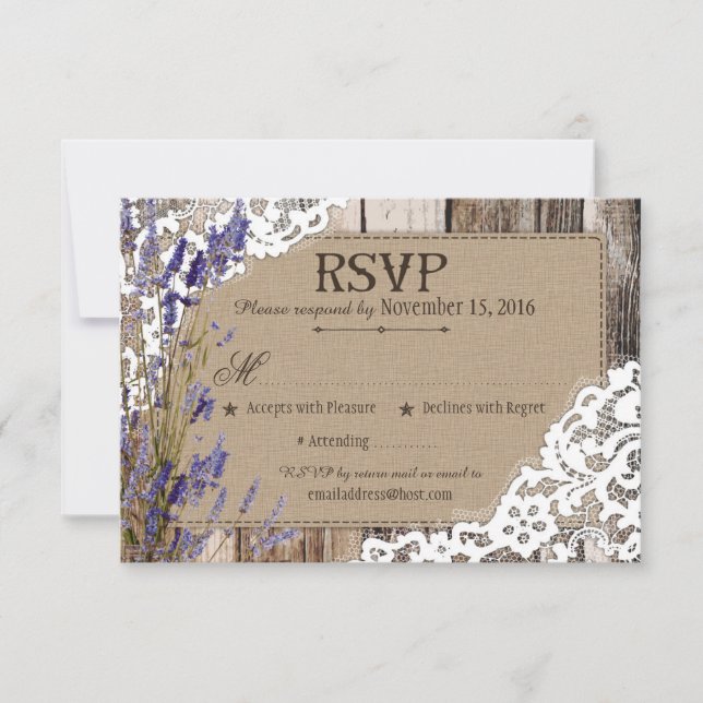 Cartão de RSVP de Flores de Lavanda em Madeira Rús (Frente)