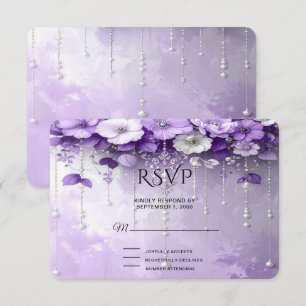 Cartão de RSVP de Flores Roxas com Pérolas Pendent