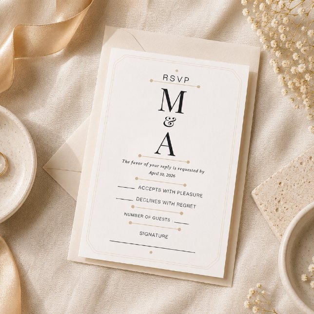 Cartão de RSVP de Luxo com Monograma Mínimo Editáv (Elegant Monogram RSVP Card for a timeless luxury black tie wedding.)