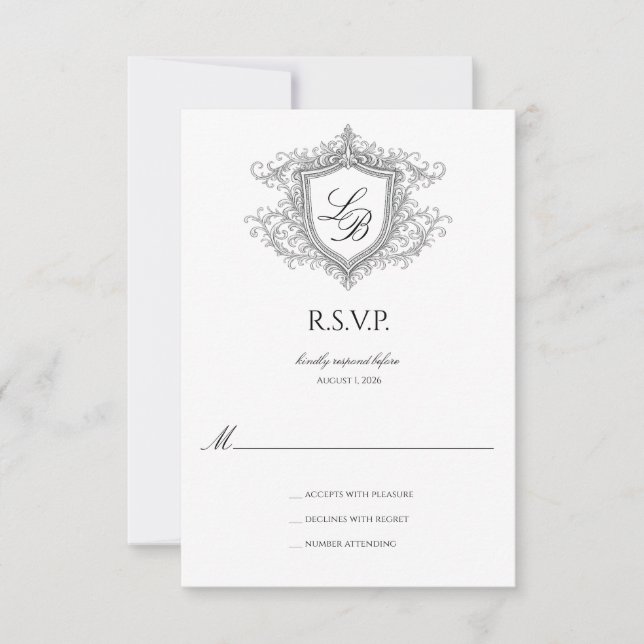 Cartão de RSVP de Monograma com Crista de Floreio  (Frente)