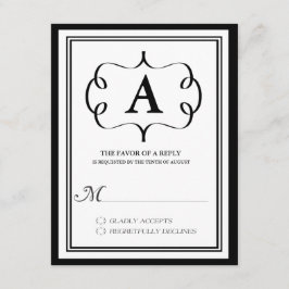 Cartão de RSVP de Monograma Formal em Preto