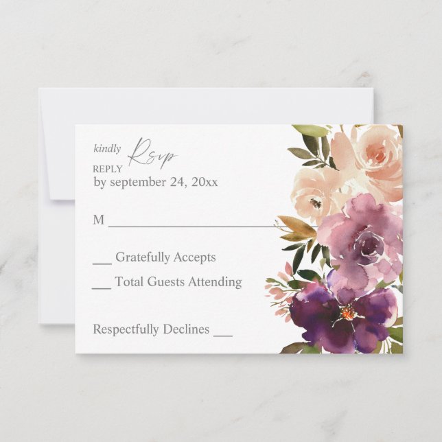 Cartão de RSVP de refeição roxo e floral rosa Blus (Frente)