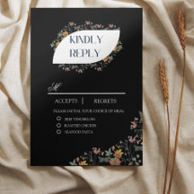Cartão de RSVP de refeições com flores preto Boho