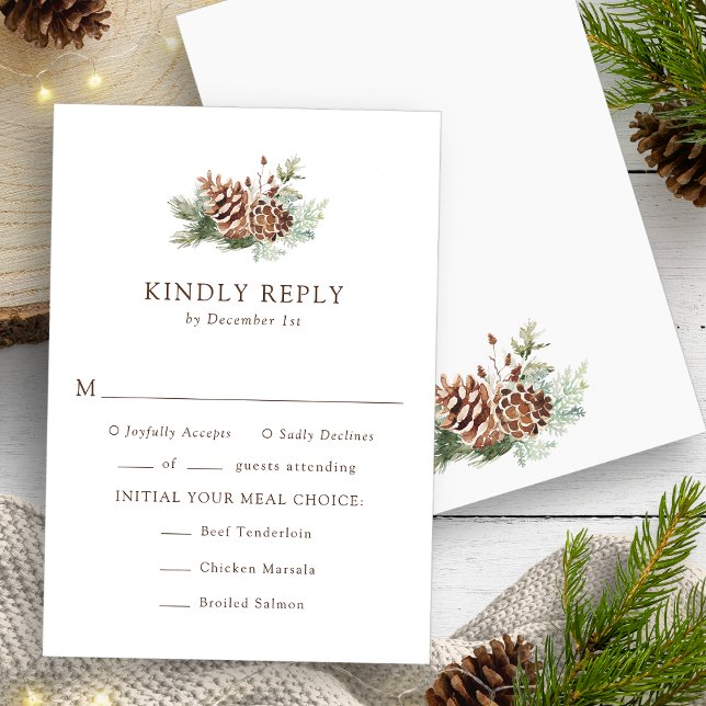Cartão de RSVP de Refeições de Inverno (Elegant Watercolor Evergreen Meals Winter RSVP Card by Painted Paperie
)