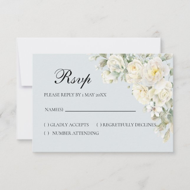 Cartão de RSVP de Rosas Brancas Azul Claro (Frente)