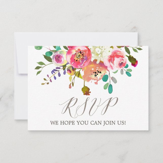 Cartão de RSVP de Site de Buquê de Aquarela Simple (Frente)