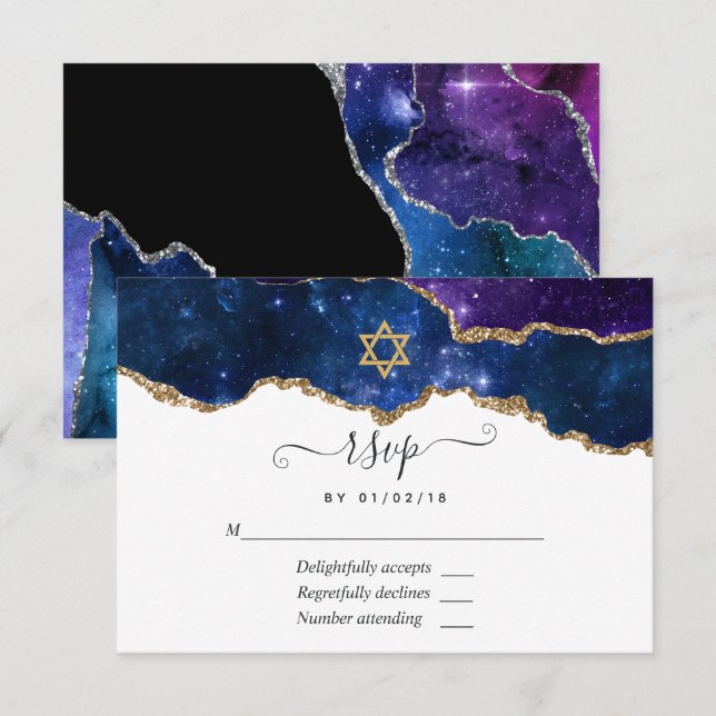 Cartão de RSVP do Bat Mitzvah Galaxy Ágata (Frente/Verso)
