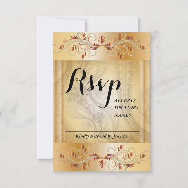 Cartão de RSVP dourado com detalhes de renda (Frente)