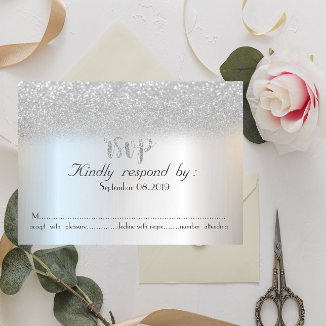 Cartão de RSVP Elegante com Brilho Prateado Bokeh (Criador carregado)