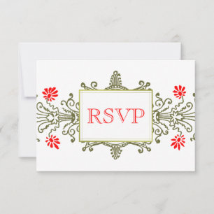 Cartão de RSVP Elegante Floral Ouro Vermelho Perso