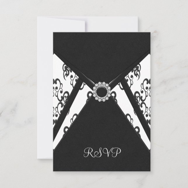 Cartão de RSVP em Damasco Branco Preto (Frente)