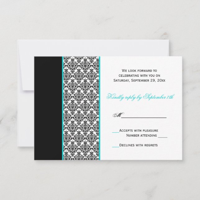 Cartão de RSVP em Preto Branco Turquesa Damask (Frente)
