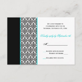 Cartão de RSVP em Preto Branco Turquesa Damask