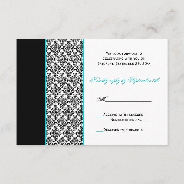 Cartão de RSVP em Preto Branco Turquesa Damask (Frente)