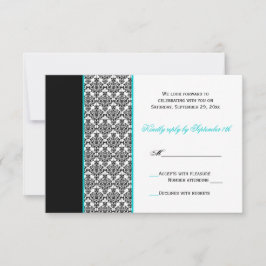 Cartão de RSVP em Preto Branco Turquesa Damask