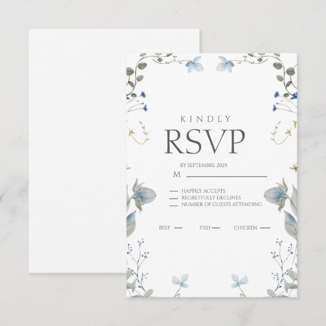Cartão de RSVP Floral Azul Simples (Frente/Verso)