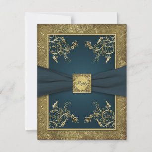 Cartão de RSVP Floral Azul Turquesa e Dourado