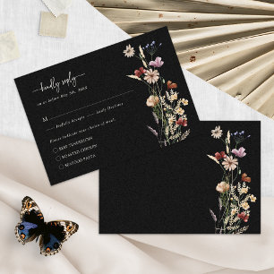 Cartão de RSVP Floral Boho Elegante Preto